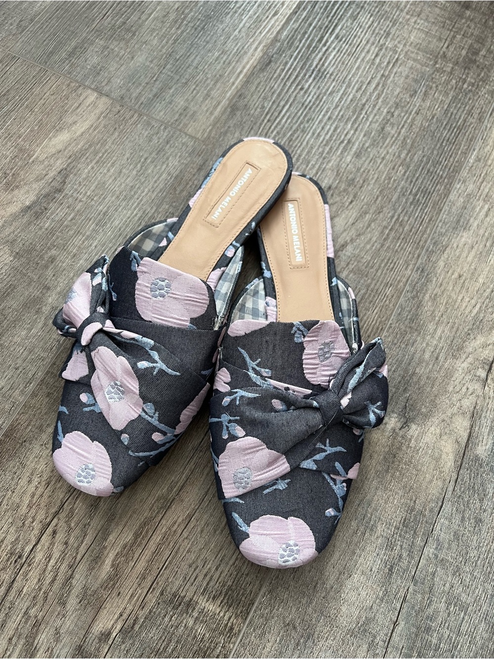 ANTONIO MELANI Charcoal Floral Knot Mules with Pink Blooms